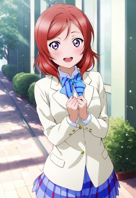masterpiece, best quality, solo, 1girl, aged up, happy, 
maki_nishikino, short hair, purple eyes, red hair, skirt, jacket, blazer, winter uniform, otonokizaka school uniform, happy, standing,