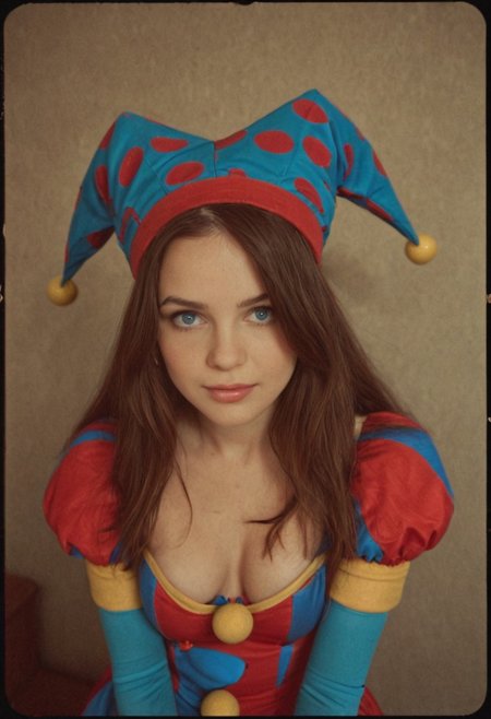 analog film photo <lora:Coll-PomniXL:1> 1girl, blue eyes, blue gloves, coll-pomni, gloves, hat, jester cap, long hair, looking at viewer, puffy short sleeves, puffy sleeves, solo . faded film, desaturated, 35mm photo, grainy, vignette, vintage, Kodachrome, Lomography, stained, highly detailed, found footage