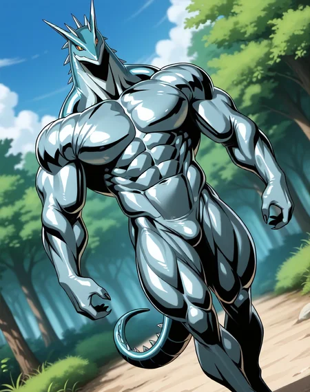 <lora:Metallisaur_(Shinzo)_(Illustrious)_(AD):1.35> Metallisaur, monster, Shinzo, 
((
exterior, vivid anime blue sky with detailed clouds, forest, 
dynamic action, dutch angle, bent leg, monster, tail, thick thighs, male focus, ridged front body, ridged stomach, ridged chest, ridged neck, made of metal, end boss, unstoppable, strong, glossy metal body, made of liquid metal, hyper muscular, large rounded shoulders, large biceps, large wide thick rounded protruding pecs, abs, 
)), 
BREAK: very awe, aesthetically pleasing, masterpiece, best quality, amazing quality, very aesthetic, perfect depth of field shot, 
masterpiece, best quality, amazing quality, very aesthetic, high resolution, ultra-detailed, absurdres, newest, scenery, {Prompt}, BREAK, detailed background, volumetric lighting, 
BREAK: lazympos, lazypos (3),