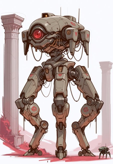 concept art, sketch, best quality, mecha, military mecha, robot, animal robot, four legs, single eye, red eye, no humans, wires, pillars