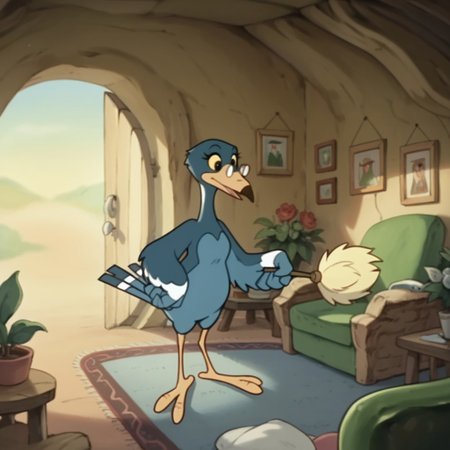 score_9, score_8_up, score_7_up, score_6_up, score_5_up, score_4_up, source_furry, Magpiebbv2, semi-anthro, female, bird, blue feathers, yellow beak,  glasses, black eyes, yellow sclera, standing, inside, cleaning