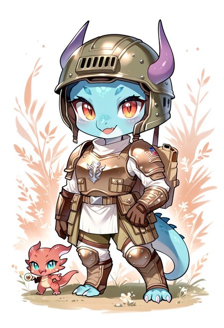score_9, score_8_up, score_7_up, source_cartoon, cute chibi kobold, chibi body, body armor, combat gloves, combat helmet, looking at viewer,  SomSom Style