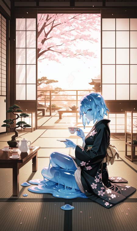 masterpiece, best quality, amazing quality, 1girl, (transparent slime girl:1.2), slime hair, translucent skin, transparent skin, transparent hair, kimono, sitting on floor, crossed legs, holding teacup, tea set, teapot, steam rising, indoors, (minimalistic interior:1.0), tatami floor, wooden table, paper walls, shoji screen, sliding doors, bonsai, ikebana, warm glow, open garden view, sakura tree, (falling cherry blossoms:0.9)
(dark shadows:0.7), (high contrast:0.7), dynamic pose, (see-through slime:1.1), volumetric lighting, intricate details, blurry background, depth of field