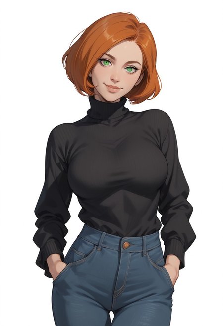 score_9, score_8_up, score_8, score_7_up, score_7,  Expressiveh, cowboy shot
BREAK
1girl, solo, annpossible, orange hair, short hair, green eyes, large breasts, looking at viewer, head tilt, seductive look, aroused, horny, standing, black turtleneck sweater, blue jeans, hands in pocket, light smile
BREAK
white background