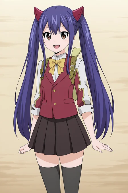anime coloring, anime screencap, masterpiece, best quality, amazing quality,
 <lora:3-in-1_Lucy_Heartfilia_Erza_Scarlet_Wendy_Marvell_Fairy_Tail:1>
Wendy's initial appearance (outfit), Wendy Marvell (character), 1girl, solo, twintails, thighhighs, brown eyes, skirt, long hair, bag, bow, black thighhighs, blue hair, backpack, pleated skirt, hair ornament, looking at viewer, mouth open, smile, :D, cowboy shot