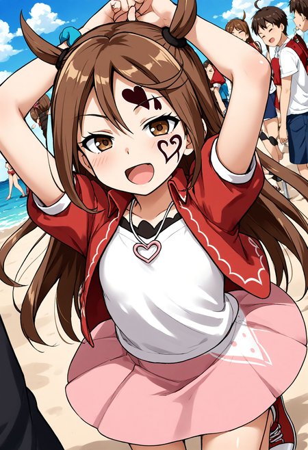 <lora:Hyper-SDXL-8steps-lora:1> <lora:Fixhands_anime_bdsqlsz_V1:1> zPDXL2, score_9, score_8_up, score_7_up, source_anime, intricate details, perfect anatomy BREAK
outdoors, beach, ocean, audience, crowd, arms up, dutch angle, Passionate, A heated look, a flushed face, and a quickened breath., dynamic angle, 
1girl, solo, solo focus, 
<lora:MK-kagamitina_XL(pony)v10:1> mk-kagamitina, brown hair, long hair, two side up, brown eyes, facial tattoo, heart necklace, white shirt, red jaket, pink skirt, red shoes,