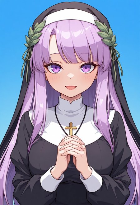 1girl,solo,cute,
liliel, long hair, straight hair, purple hair, purple eyes, pale skin,hair ornament, leaf hair ornament, side bangs, waist-length hair, soft hair,nun outfit, long dress, collar, cross necklace, long sleeves, modest clothing, red and gray color scheme
smile, open mouth, hands clasped, gentle expression
looking at viewer,portrait
Simple blue background,(soft focus:1.3), 
masterpiece, amazing quality, best quality, ultra-detailed, 8K, illustration, CG, shiny hair, clear skin, ultra-detailed-eyes, eyelashes, highly detailed,