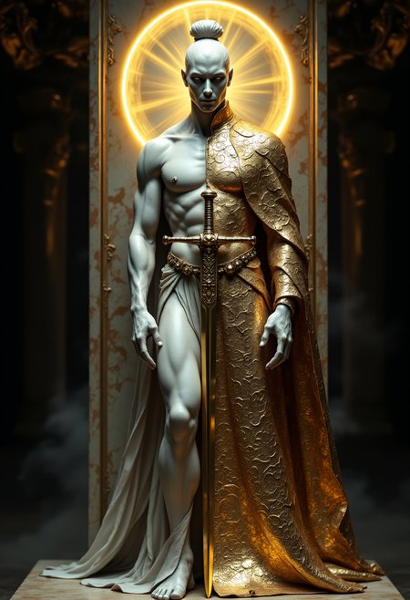 aidmafluxpro1.1,

In this unique and visually striking photograph, we see a majestic figure of a Chinese ancient chivalrous swordsman emerging from the shadows. The figure stands at the intersection of classical and modern art, embodying the essence of both Alphonse Mucha's intricate Art Nouveau style and Gustav Klimt's opulent decorative techniques.

The photograph is shot from an unconventional angle, capturing the swordsman from a low vantage point, looking up at him. This perspective emphasizes his towering presence and regal demeanor. His body is partially carved out of marble, specifically on the left side, showcasing meticulous detailing in its smooth surface and flowing lines reminiscent of Mucha’s elegant and graceful designs.

On the right side, where the figure's form continues, the original material appears to be a richly textured metallic alloy, perhaps bronze or gold, with Klimt-inspired golden accents. The metallic surface is adorned with intricate patterns and filigree work, creating a dazzling contrast between the smooth marble and the detailed metal.

The background is a blend of deep shadows and bursts of light, enhancing the dramatic effect. A soft, golden halo surrounds his head, adding an ethereal glow that enhances the mystical aura of the swordsman. The overall composition is a harmonious blend of traditional Eastern chivalry and Western art movements, creating a masterpiece that transcends time and medium.

The photograph itself captures this magical transition seamlessly, with the marble side exuding timeless elegance and the metallic side gleaming with contemporary opulence. This unique perspective not only highlights the figure's striking appearance but also invites the viewer to delve into the rich narrative of his ancient yet modern chivalry.