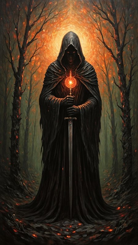a mysterious figure standing in the center of the frame, positioned directly in front of the viewer, the figure is dressed in a dark hooded cloak, with the hood covering their face and the cloak flowing down their back, they are holding a large, glowing object in their hands, which appears to be a staff, the object is emitting a bright, orange light that emanates from behind the figure, creating a dramatic effect, the background is a dark, swirling pattern with a fiery orange hue, adding to the sense of power and mystery, the overall atmosphere is dark and foreboding, drawing the viewer's attention to the figure's enigmatic presence, A detailed oil painting of a dark figure in a hooded cloak, holding a sword, standing in a dark forest. The figure's head is obscured by a vibrant orange glow, while the background is a dark green, with a hint of orange and red, creating a sense of mystery and mystery.