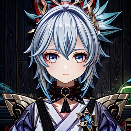GenshinAvatar, (a girl with long light blue hair in a braided ponytail with a flower hairclip on it hair has split bangs, and blue eyes eyes,hydro character,hydro inazuma vison,wearing a blue kimono with a collar,outfit with blue charms and gems.:1.4), highly_detailed, illustration, portrait, (((masterpiece))),(((bestquality))), (black_background:1.4), simple_background, <lora:GenshinAvatarV2:1>