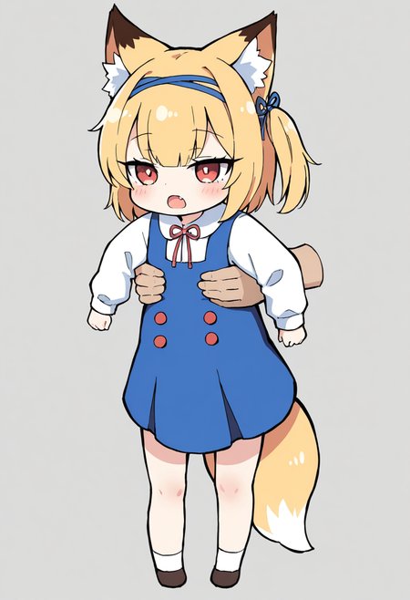 <lora:Koume_VR_Chat_Illustrious:0.7>, 1girl, animal ears, blonde hair,  hairband, white shirt, fang, animal ear fluff, blue dress, blue hairband, bangs, koume, chibi, masterpiece, best quality, solo, fox ears down, fox tail, indoors, red eyes, 
 <lora:concept_longcat_Illustrious_V2L:0.9>, holding girl, longcat \(meme\),  simple background, grey background, 
masterpiece, best quality, amazing quality, very aesthetic, absurdres,