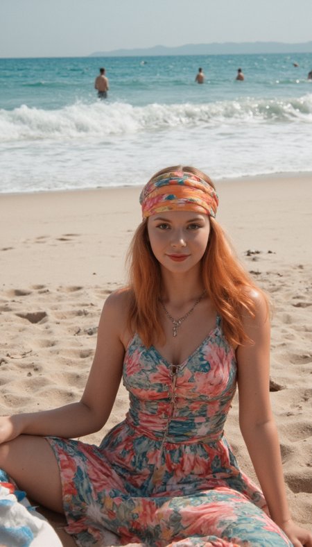Generate a photorealistic image of a 1960s hippie girl taken with a camera made in that era. 

She has long, flowing tangerine hair with a bright flowing fabric headscarf Used to decorate a braid or ponytail.. 

She wears a flowing maxi dress with radiant colors and spectral patterns. She is wearing a peace sign necklace.

She sits on a beach soaking up the sun while watching surfers out in the distance.

She has realistic skin that is not flawless. She has Puffy coral eyes. She has a flat nose. She has a pronounced chin. She has a built Relaxed breasts. She has natural unshaven body hair.  She has not recently showered, her skin may be a little bit dirty. She wears little make-up except for her lip gloss.  She has painted toenails