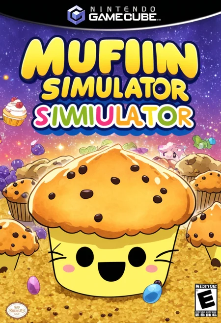 anime artwork <lora:GCNBoxArt:1> GCNBOXART, "muffin simulator", title, food_focus, no_humans, . anime style, key visual, vibrant, studio anime,  highly detailed