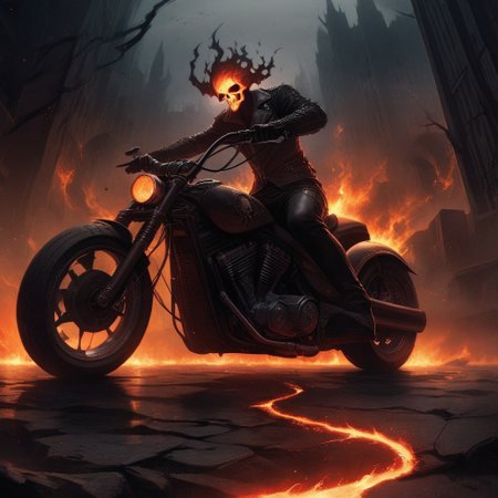 Dark Fantasy Art, Dark Moody Atmosphere, dramatic, mysterious, dark moody atmosphere, dark, moody, dark fantasy style, realistic anime,
BREAK,
Ghost Rider rockets up the skyscraper, his flaming motorcycle scorching a fiery path over glass and steel,
BREAK,
His skull, engulfed in hellfire, casts a sinister, flickering glow, with empty eye sockets seething with vengeful fire,
BREAK,
Flames curl around his skeletal form, his leather jacket and pants seared and frayed, smoldering as he rides,
BREAK, 
sitting on his bike, (((cracked roadway))), cracked road, skull, from side, low angle shot, close up shot, detailed afce, detailed skull, front view, wide angle, burning wheels and bike, chopper motorcycle, chopper,