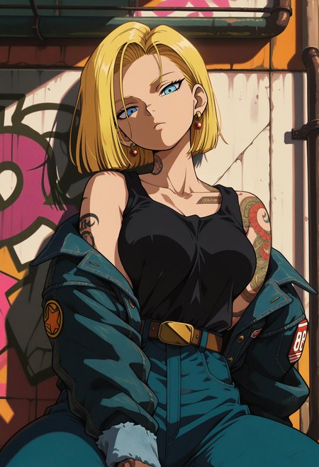 masterpiece, best quality, amazing quality, intricate detail, highly detailed, absurdres, very aesthetic, dynamic lighting, detailed background,
 <lora:GothicPunkILXL:1> g0th1cpnk,
1girl, android 18, solo, blue eyes, blonde hair, jewelry, earrings, tattoo, jacket, pants, looking at viewer, belt, head tilt, short hair, graffiti, tank top, crop top, denim, shoulder tattoo, sitting, black tank top, midriff, denim jacket, arm tattoo, closed mouth, shirt, black shirt, collarbone, expressionless, breasts, brown belt