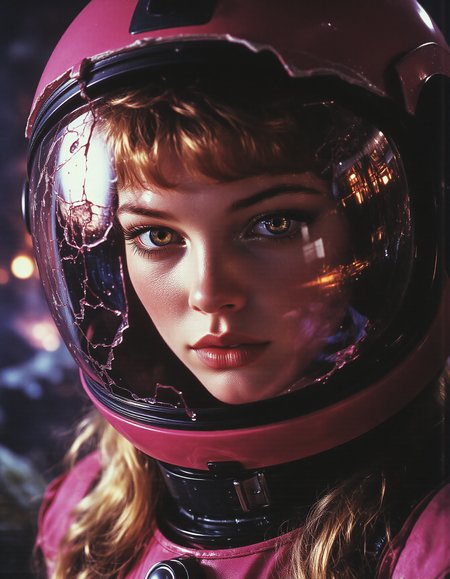 Imagine an image in the style of cinematic photorealism. Princess Peach face partially obscured by the cracked visor of a pink damaged helmet, her eyes reflecting the glow of distant explosions outside the space station. A fine mist of condensation forms on the glass, emphasizing her ragged breathing. <lora:80s_Fantasy_Movie:1> ArsMovieStill, 80s Fantasy Movie Still