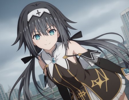 score_9, score_8_up, score_7_up, source_anime,
nibelcole,  <lora:nibelcole-s4s5-ponyxl-lora-nochekaiser:1>,
nibelcole, long hair, blue eyes, black hair, hair between eyes, twintails, very long hair, hairband, low twintails, white hairband,
skirt, detached sleeves, sleeveless, white skirt, black sleeves,
cityscape, bent over, smile,
looking at viewer, solo, cowboy shot, dutch angle,
