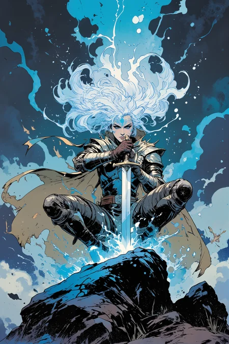 A genasi champion polishes her crystal blade while floating cross-legged above the ground. Her armor seems to shift between solid and gaseous forms, made from enchanted cloudstuff and reinforced with lightning-infused metals. Wind spirits dance around her weapons, and her cloak billows without any breeze. The mountain peak she rests upon rises above the cloud layer, where other air elementals soar freely through the thin atmosphere. Her hair floats as if underwater and crackles with electrical energy, eyes swirling with miniature storms, while her skin has a faint bluish tint that ripples like the northern lights  Fantastic lighting. Detailed shadows.intricate details, vivid colors, hyper-detailed, ultra-sharp<lora:Ev_Ganin:0.4><lora:Vintage comic book:0.4><lora:RetroAnimeFluxV1:0.15><lora:Greg_Capullo_style:0.4><lora:jeanClaude_Mzires_Style_FLUX-000001:0.4><lora:Flux_Ink_Anime:0.4><lora:RM_Artistify_v1.0M:0.4><lora:RM_Illustrify_v1.0M:0.4>