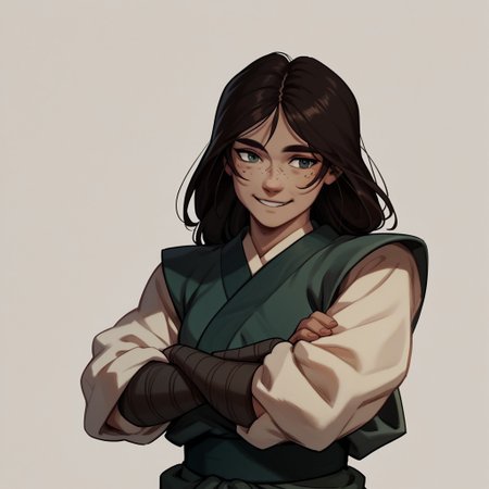 score_9, score_8_up, score_7_up, score_6_up, score_5_up, score_4_up, 1girl, kyoshi, dark skin, freckles, arms crossed, broad shoulders, tall, fit, small smile