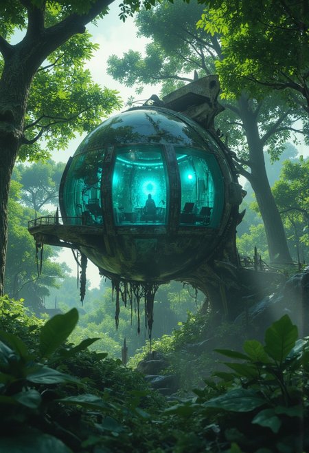 A Zelda inspired towering living sphere amidst the dystopian woods, modern transparent hobbit house floating island, amazing quality, masterpiece, best quality, hyper detailed, ultra detailed, UHD, dof, hyper-realism, majestic, awesome, inspiring: an immense floating island adorned with transparent translucent towering Glass foliage, its vines cascading down to the ground below. Rising majestically from the luminous amber lush glass jungle that envelops an enchanted translucent green round design plastic mansion Adorned with a large Observation Installation glowing luminous blue from within. A translucent Fantasy prison transcending into the black ethereal clouds. Infront of a translucent black eerie Galaxy nebula, cinematic composition, soft shadows, national geographic style, cozy light, cinematic lighting, volumetric lighting, Film grain, cinematic film still, shallow depth of field, highly detailed