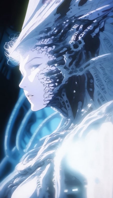 solo, 1girl, science fiction, parted lips, from side, upper body, (glowing), head gear, mechanical parts, looking away