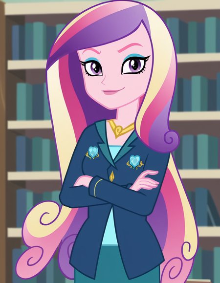 score_9, score_8_up, score_7_up, source_anime, <lora:dean-cadance-movie-ponyxl-lora-nochekaiser:1>, cadance, long hair, very long hair, purple eyes, pink hair, purple hair, multicolored hair, two-tone hair, eyelashes, makeup, eyeshadow, skirt, formal, suit,, library, shelves, books, tables, quiet, , crossed arms, smug, looking at viewer, solo,, dutch angle, cowboy shot