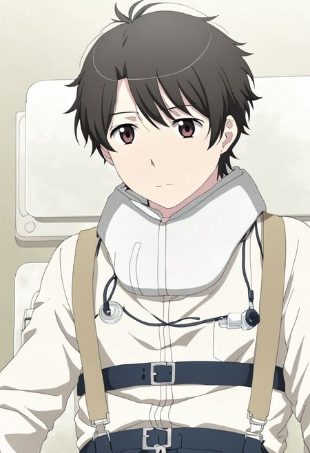 high resolution, solo, best quality, 1Boy, Inaho Kaizuka, Black Hair, Brown Eyes, sick, bandage, helpless, patient, hospital, infusion, OverallDetail