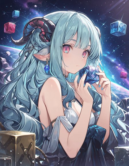 masterpiece,  best quality, newest, highres, absurdres,   <lora:Yak4n2gou_illu:1>,Yakan2g0u_illu, 1girl, solo, long hair, horns, upper body, blue hair, cube, pink eyes, bare shoulders, blue nails, hands up, bangs, closed mouth, multicolored eyes, looking at viewer, nail polish, crystal, space, gem, aqua hair