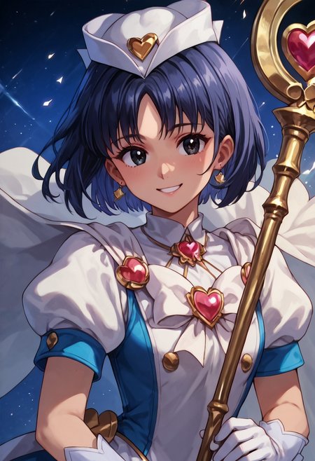 ultra-detailed), ((extremely detailed)), (high resolution), 4K, (8K), best quality, (beautiful), (dynamic lighting), (super detailed skin), sharp focus, (1_girl, solo focus), score_9,score_8_up,score_7_up,anime coloring BREAK source_anime,anime, , score_9, score_8_up, score_7_up, source_anime, rating_safe, intricate details, 1girl, <lora:Isara_Gunther:1>, isara, Dark blue hair, black eyes, short hair, score_9, score_8_up, score_7_up, score_6_up, score_5_up, score_4_up, detailed, intricate details, source_anime, , (best quality) , (highly detailed) ,((masterpiece)), ((best quality) ,magical girl, heart, hat, puffy short sleeves, white gloves, dress, white headwear, short sleeves, puffy sleeves, staff, def,, laying, looking at viewer, smile, indoor, 
detailed eyes、detailed face and detailed skin <lora:add-detail-xl:1.0>
