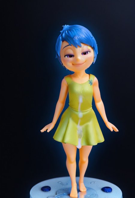 solo, erofigure_bukkake, figma, figure, pvc,plastic , natural light, full body, 3d,realistic,huge desk, size difference, black background, JoyEmotion, blue hair, green dress, smile