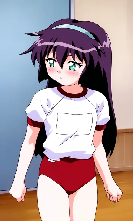 general,highres, ultra-detailed,very aesthetic,best quality ,best hands, BREAK  <lora:Amano_Misao_Pretty_Sammy_IS:1>
Amano_Misao, 1girl, solo, purple hair, long hair, bangs,  light blue hairband, green eyes,  hair between eyes, 
red buruma, parted lips, shirt, name tag, indoors, looking to the side, white shirt, blush, standing, gym shirt, looking away, open mouth,