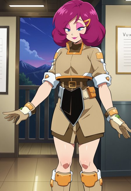 masterpiece,best quality,official style, anime screenshot, anime coloring, anime_style, 
prof_tori, 1girl, solo, smile, blue eyes, hair ornament, hairclip, medium hair, belt, brown coat, makeup, brown boots, knee boots, brown gloves, sleeves rolled up, high collar, brown dress, magenta hair, lipstick, half-lidded eyes, pink eyelids