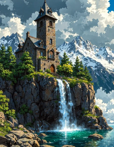 majestic digital painting in a fantasy landscape style. Picture a stone castle perched atop a steep, rocky cliff island surrounded by blue water.  The castle features a tall tower with arched windows and some ruined sections. A waterfall cascades down the cliff face into the water below. In the background, snow-capped mountains rise into a cloudy, bright sky.  The scene is bathed in a soft, natural light, with details like trees, rocks, and water ripples clearly visible.  The composition is grand and sweeping, emphasizing the isolation and beauty of the castle in its dramatic natural setting, <lora:Vibrantly_sharp_style_v.2:0.8>, <lora:FantasyWizardWitchesFluxV2-000001:0.8>, <lora:Cozy_Paradise:1>