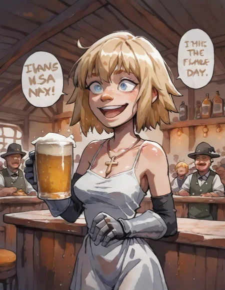 nsfw, highres, best quality, masterpiece, masterpiece, cinematic lighting,  
\(comic:1.25\), \(Multi view, Frame, Text, speech bubble, focus line, vibrating line, motion blur, comic expression, Sound effect\),  
Irish pub, warm lighting, wooden counter, neon beer signs, St. Patrickâs Day celebration,  
1girl, petite, green dress, festive hat, flushed cheeks, clinking beer mugs, laughter, happy,   
Panel 1: Crowded pub, people laughing, beer splashing as mugs clink.  
Panel 2: Irish girl looking around, amused, holding a large frothy beer.  
Panel 3: The bartender sliding a huge beer across the counter, foam dripping.  
Panel 4: Close-up of golden beer, bubbles rising, warm glow.  
Panel 5: A man and woman locking eyes, holding their drinks, smiling.  
\(volumetric lighting, cinematic depth, pub ambiance, golden glow, warm colors\),  
embedding:safe pos, p4st3lg0r3, Jeanne d'Arc, 19 years old female, teen, Blonde hair, Blue eyes, Long hair, fair skin, Silver armor, White dress, Cross necklace, Crown of thorns, Carries a flag, Wears gauntlets,