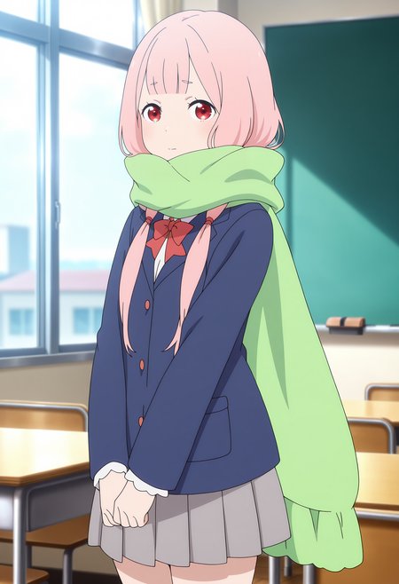 anime screencap, masterpiece, best quality,
<lora:ReZero_Carmila_IlluXL:0.9>,
1girl, solo, closed mouth, blush,
blunt bangs, low twintails, hair tie, long hair, pink hair, red eyes,
green scarf, enpera,
blazer, blue jacket, red bowtie, collared shirt, white shirt, pleated skirt, grey skirt, 
own hands together, standing, looking at viewer, cowboy shot,
indoors, window, desk, chalkboard, photo background, blurry background