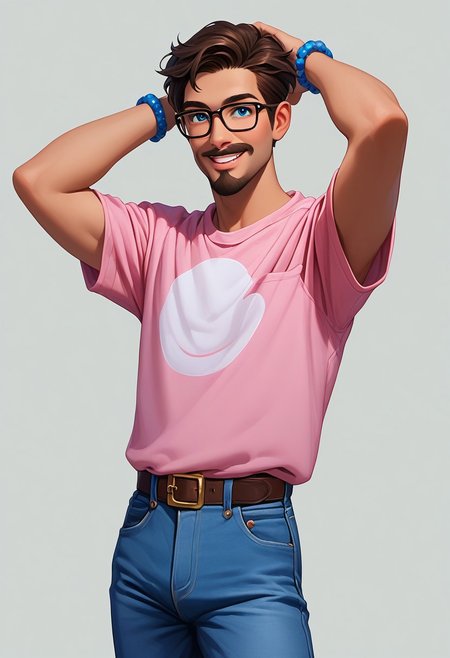 score_9, score_8_up, score_7_up, mgas, masterpiece, best quality, detailed eyes, detailed face, perfect eyes, high detailed, absurdres, highres, casual game art, mobile game art, merge 3 game art, character design, BREAK 1boy, man, mature, solo, brown short hair, beard and mustache, square glasses in a black frame, blue eyes, smile, teeth, pink T-shirt with a dark film camera pattern, blue jeans, phone peeking out of the right pocket, blue bracelet on the left hand, BREAK ((arms raised above shoulders)), ((he adjusts his hair with his hands)), standing, cowboy shot, looking to the left, BREAK simple background, gray background