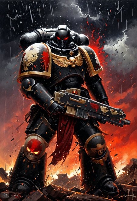 Space Marine proportions, Spacemarine wearing black and red armor holding bolter, glowing red eyes, atmospheric scene, rain, stormy background, warhammer style  (Space marine in the style of Frank Frazetta painting, Warhammer 40k, white armor) Dean Cornwell, design, 1970s, Russian Constructivist style, double exposure, volumetric lighting, expressive, ancient starchart, ink spattered background, warm colors, space, art deco, splatter, Japanese Woodblock print, planar rectilinear shapes, extreme energy, dynamic posing, Dutch angle, black, Crimson<lora:xl_more_art-full_v1:0.3>
