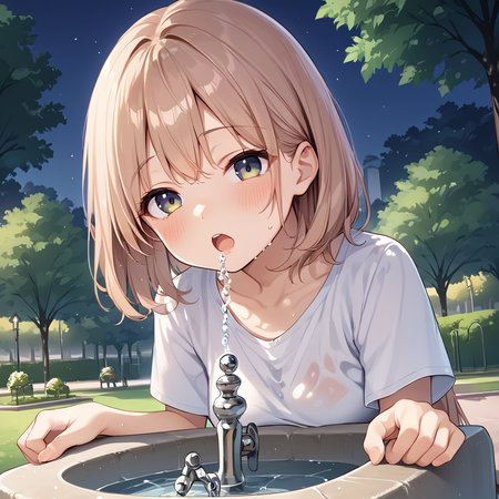 score 9,score_8_up,score_7_up,park,1girl,woman 
 <lora:drinking_fountain:0.8> drinking_fountain ,drink_water,  open mouth, faucet,
BREAK outdoors, park, night time, sweaty,