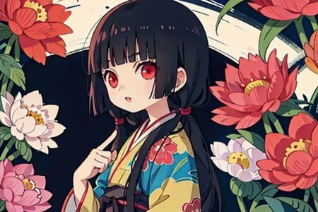 enma ai, hair down, hair black, bangs, eyes red, masterpiece, best quality, ultra-detailed, illustration, 1girl, solo, highres, photorealistic, ultra high res, (Original illustration composition), (fusion of limited color,Maximalism artstyle, kimono obi fashion, double exposure, background, illustration, Amazing, lily spider, night darkness, open one's mouth, finger, flowers red, low twintails, (polychromatic peony:1.15), Movie poster,