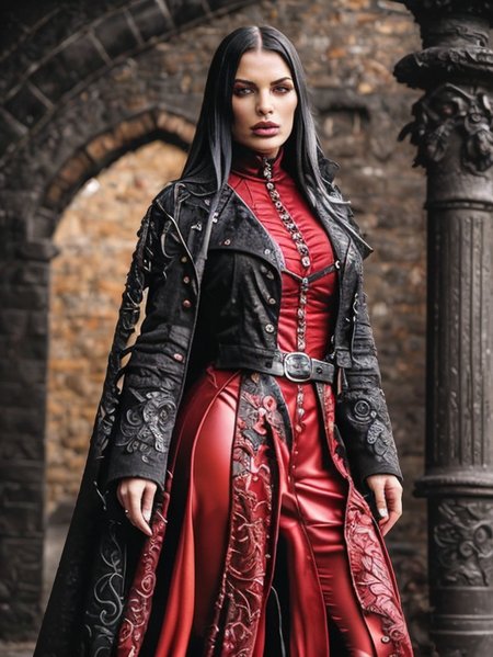 RAW photo, (masterpiece:1.3), subsurface scattering, heavy shadow, (high quality:1.4), (intricate, high detail:1.2), professional photography, HDR, High Dynamic Range, realistic, ultra realistic, photorealistic, high resolution, film photography, ambient lighting, atmospheric effects, <lora:detail_slider_v4:2>, OverallDetail, Nadine, <lora:Nadine:1>, wearing a long black gothic coat, red turtleneck blouse with frills, belt, gothout, <lora:Gothic_Outfit:0.6>, in a gothic marketplace, epiCPhoto
