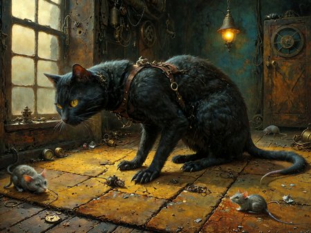 steampunk style, Professional photography. 

The cat that sat on the mat with a rat.

<lora:OMG-Is-DucHaiten_v1.0:1.0>
<lora:sdxl_lora_beksinski-000018:0.4> digital artwork by Beksinski 
<lora:The_Dark_Side_of_the_Earth:0.2>