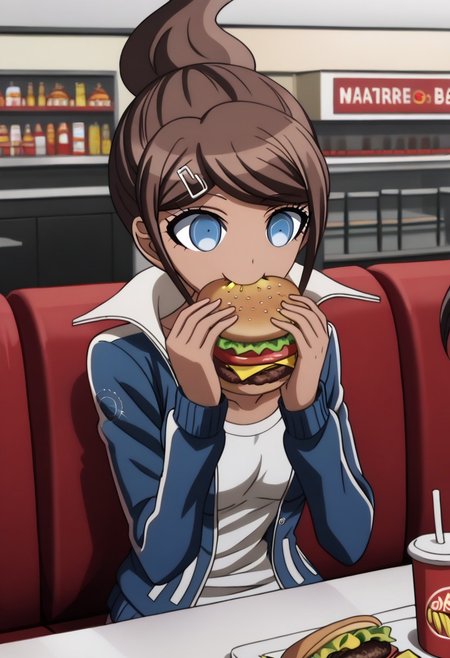 masterpiece, best quality, <lora:Danganronpa:1>, aoi, brown hair, blue eyes, hair ornament, dark-skinned female, ponytail, jacket, hairclip, short shorts, collarbone, indoors, restaurant, sitting, burger, eating burger, joy, happy,