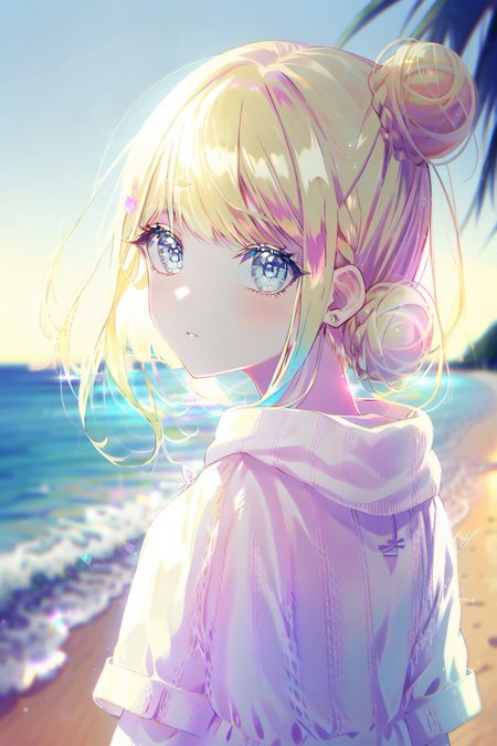 <lora:Niji:1>, girl, anime, looking at viewer, highly detailed, blurry background, reflective, iridescent, beach cloths, blonde hair bun