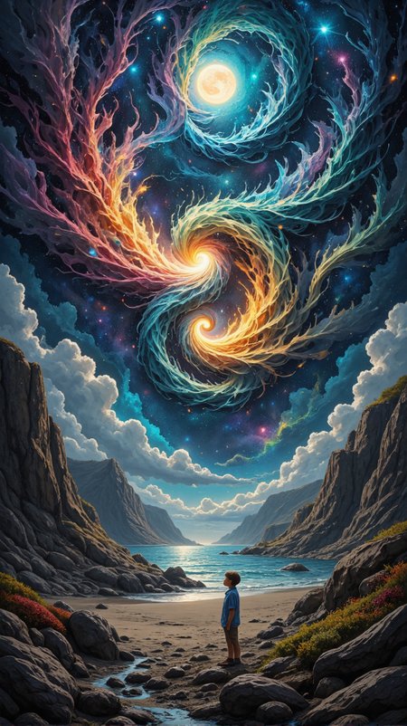 In the style of landscape photography, natural and scenic views are captured with highly detailed focus, emphasizing light and form,{Willem Hofhuizen, beach, Moonstone and Velvet Ribbon, Craig Thompson, strong side key lights, Treachery, Magical, Folk Art, Darkness, Raw digital photo, Karl Blossfeldt, Frenzy, In the depths of space, a swirling vortex of colors fills a vast expanse. The universe of instinct, a world made entirely of interconnected stars and galaxies, Impasto, Silicon Rubber and Reflective Strips, photolab, Desaturated, Ethereal Lighting, Nickel, Vincent Di Fate, Astonishing, enchanted, magnificent, badge, very inspirational, elegant |Combining the styles of Peter Chung and Steve Hanks, this image with, In the heart of a chaotic landscape, a Fossilized Destrous __being-types__ emerges from a misty fog. The father of the dead has lost his trust and now lies on its knees, gazing into the distance with an otherworldly expression. tragic, inspired, highly complex, dynamic dramatic beautiful full taking, vivid colors},{<lora:(FLUX) Dr34ms:.5>,in the style of dr34ms|<lora:(FLUX) Detailed Photorealism Style - V3.0:.5>,detailed photorealism style, <lora:Dark_and_Colorful_FLUX:.5>,FFDAC},