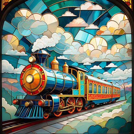 (illustration style:1.2), (storybook art:1.2), stained glass train, (simplified shapes:1.1), whimsical clouds, bold colors, (soft edges:1.1), playful atmosphere, light rays, magical, detailed patterns in glass