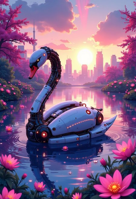 In a serene, glassy pond surrounded by holographic blossoms, a cyborg swan with luminescent metal plumage rests, its sleek body blending mechanical precision and natural grace. The sunset above casts long beams of radiant orange and soft purples across the scene, highlighting the intricate details of the swan’s cybernetic enhancements. In the distance, a futuristic city stretches towards the horizon, its high-rises reflecting the sky’s fading colors. As the swan moves, the gentle ripples in the pond create a mesmerizing dance of light, evoking a sense of peace and wonder in this sci-fi paradise. A digital artwork in the style of cknc, studio anime, detailed inksketch