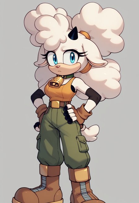 score_9,score_8_up,score_7_up, <lora:lanolinsheep5-08:0.9>, 1girl, lanolin the sheep, white hair, afro puffs, two-tone fur, beige fur, white fur, black elbow pads, single horn, eyelashes, sheep tail, sheep ears, blue eyes, medium breasts, red nose, orange tank top, brown belt, fingerless gloves, bra under clothes, green cargo pants, brown combat boots, black nails, hair tie, cowbell, green choker, hand on own hip,