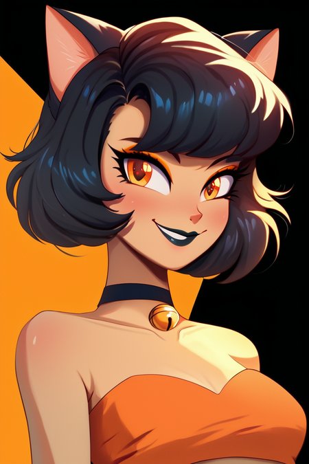score_9, score_8_up, score_8, medium breasts, (curvy), cute, eyelashes,       BREAK, , upper body, black background, 1girl, solo, looking at viewer, short hair, black hair, crop top, cat ears, busty, animal ears, sleeveless, strapless, orange eyes, upper body, makeup, choker, lipstick, eyeshadow, orange background, black lips,  <lora:KuroCAT_Style:1.0>,, BREAK, smile, looking at viewer, cowboy shot, embedding:zPDXL,, <lora:theButcherXPDXL:1.0>,
