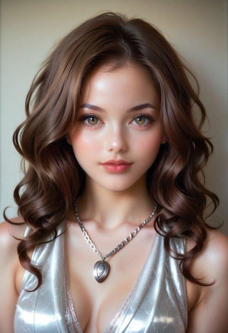 Young woman (ethnicity:1.0), (detailed clothing:1.1), (accessories:1.1), (facial features:1.2), (expression:1.1), (body type:1.0), (pose:1.1),  centered in frame,  looking directly at viewer,  medium shot,  wavy brown hair, light skin tone, wearing a white sleeveless top,  a silver chain with a dark-colored pendant (detailed pendant design:1.2),  natural light,  warm tone colors, photorealistic style,  portrait,  high detail,  8k resolution.