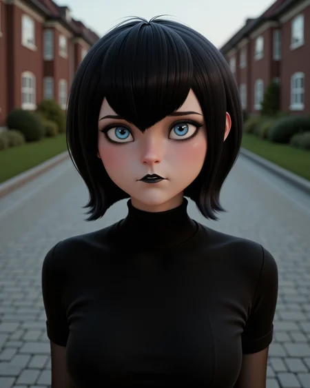 wide shot, looking at viewer, outdoors daylight, 20 year old woman
front view, passport style with upper body and waistline 
 <lora:Hotel_Transilvania_-_Mavis_v2-000030:1> ht-mavisa 20 year old adult woman with blue eyes and black hair.
a playful vampire girl with short black bobbed hair and icy blue eyes, wearing a fitted black turtleneck mini dress with short sleeves,